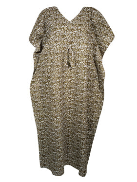 Khaki Green Long Kaftan Dress, Floral Summer Cotton Caftan Dresses, L/XL